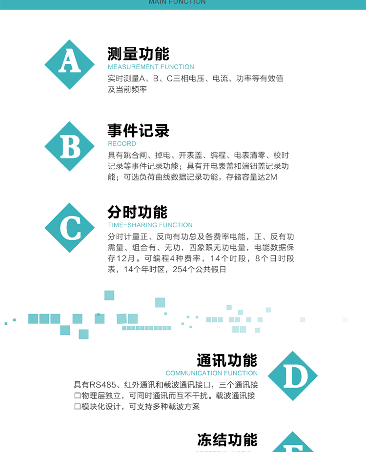 功能特點
內嵌高速高精度的交流電壓電流采集模塊，采樣精度高，電能計量實時精確；
分時計量正、反向有功總及各費率電能，正、反有功需量、組合有、無功，四象限無功電量，電能數據保存12月。
可編程4種費率，14個時段，8個日時段表，14個年時區，254個公共假日。
采用寬溫大視角LCD顯示，具有參數自動輪顯和按鍵顯示功能。
具有RS485、紅外通訊和載波通訊接口，三個通訊接口物理層獨立，可同時通訊而互不干擾。
內嵌高性能的載波模塊，其通信能力的可靠性實現了主站的遠程控制，載波通訊接口模塊化設計，可支持多種載波方案；
具有CPU卡接口實現本地費控，并具有遠程費控功能；
具有有、無功測試脈沖輸出；具有多功能輸出功能和異常報警輸出功能。
實時測量A、B、C三相電壓、電流、功率等有效值及當前頻率。
具有失壓、斷相、失流、全失壓、電壓逆相序、欠壓、過壓、過流、斷流、電流不平衡、過載、總功率因數超下限、停來電、編程、需量清零、校時等記錄功能。
具有停電按鍵喚醒功能、停電紅外喚醒功能，并可以停電喚醒紅外抄表。
具有故障信息提示、報警（液晶、報警燈）功能。