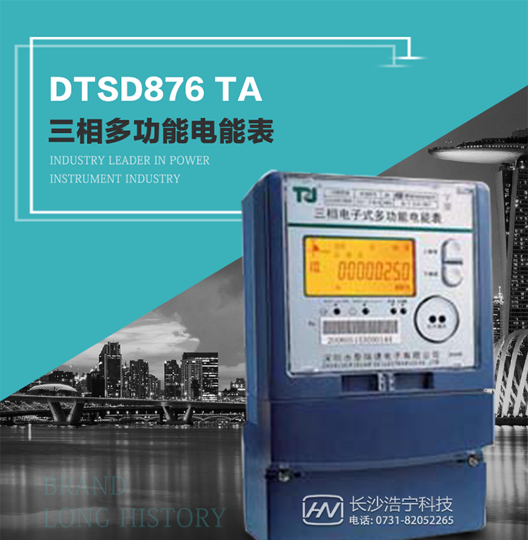 產品型號：DTSD876 TA型三相多功能電能表
精度等級：有功0.5S級 1級；無功2級 
額定電壓： 3×100V 3×57.7/100V 3×220/380V 
額定電流： 1(2)A～30(100)A 
頻 率： -40℃～+70℃ 
工作溫度：≤0.5S 
顯示方式： ≥1000mAh 
整機功耗： ≥10年 
重量： 約2.4kg 
外形尺寸： 293mm×175mm×80mm